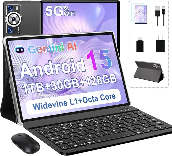 Android 15 Tablet 30GB RAM 128GB ROM 1TB TF, 2025 Electronics Tablets 10.1 Inch 8000mAh with Keyboard Mouse, 2.0GHz, 5G WiFi, BT 5.0, GMS Certified, Incell Display, Gemini AI - Metal Black