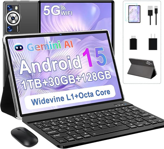 Android 15 Tablet 30GB RAM 128GB ROM 1TB TF, 2025 Electronics Tablets 10.1 Inch 8000mAh with Keyboard Mouse, 2.0GHz, 5G WiFi, BT 5.0, GMS Certified, Incell Display, Gemini AI - Metal Black
