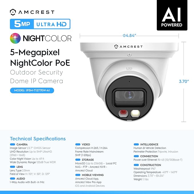 Amcrest 2-Pack AI Turret IP PoE Camera w/ 49ft Nightvision, Security IP Camera Outdoor, Built-in Microphone, Human & Vehicle Detection, Active Deterrent,129° FOV, 5MP@20fps 2PACK-IP5M-T1277EW-AI