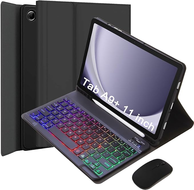 Keyboard Case for Samsung Galaxy Tab A9+/A9 Plus 11 Inch 2023 (SM-X210/X216/X218), Detachable Color Backlit Bluetooth Keyboard and Mouse, Slim Lightweight Stand Cover with Pen Holder (Black)