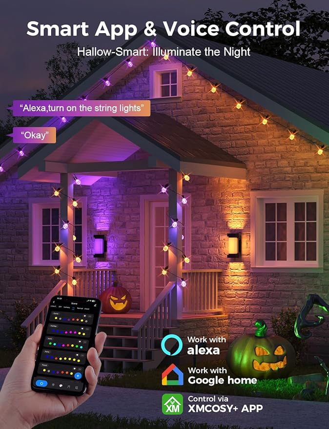 XMCOSY+ 48FT Smart Outdoor String Lights - RGBCWIC Dimmable Acrylic Bulbs, Color Changing LED Patio Lights APP WiFi Control, Compatible with Alexa, IP65 Waterproof Outside Lights for Yard Porch