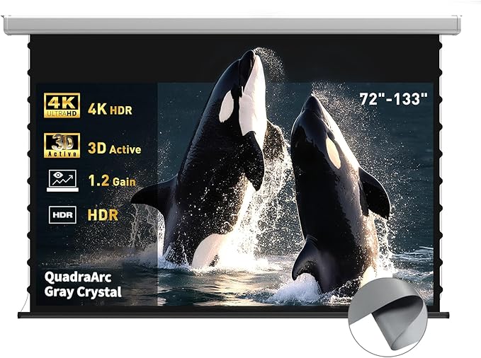 QuadraArc Motorized Projector Screen, Gray Crystal 4K Electric Drop Down Screen, Wall & Ceiling Mount, Compatible with ST/LT Projectors up to 1600 ANSI Lumens 72"