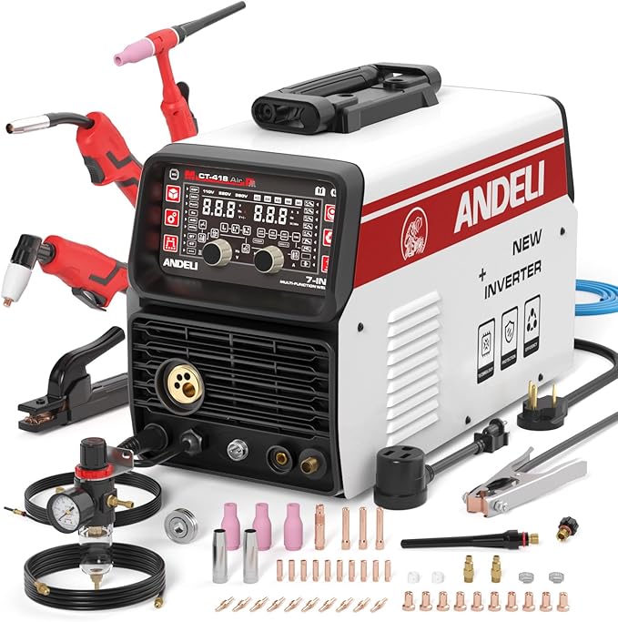 ANDELI 7 in 1 Multi-Process Plasma Cutter Welder Combo, 110/220V Dual Voltage Cutting Welding Machine GAS MIG/FLUX MIG/HF TIG/STICK/COLD/CUT/Aluminum MIG Welder (MCT-418)