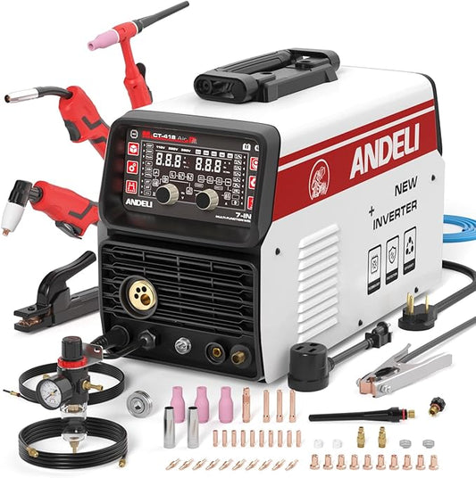 ANDELI 7 in 1 Multi-Process Plasma Cutter Welder Combo, 110/220V Dual Voltage Cutting Welding Machine GAS MIG/FLUX MIG/HF TIG/STICK/COLD/CUT/Aluminum MIG Welder (MCT-418)