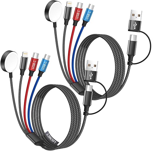 Dual Type-C Port 4 in 2 Multi Charging Cable for Apple iWatch Charger/iPhone 17/Lightning, Travel Charger for Multiple Devices, Christmas Gift for iWatch Ultra/SE/10-1, iPhone16-8, iPad - 2Pcs 5FT