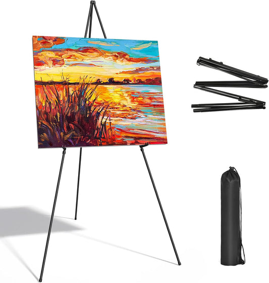 Display Black Easel Stand for Wedding Sign, Artist Instant Tripod Collapsible Portable Floor Easel for Posters, 63" Adjustable Easy Folding Metal Stand for Display Show, Arts, Painting