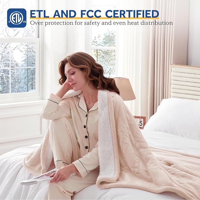 Sealy Electric Blanket Queen 84"*90",Super Cozy Flannel to Sherpa Reversible Heated Blanket Queen Size with 10 Heating Levels & 1-12 Hours Auto Off Overheating Protection Machine Washable,Beige
