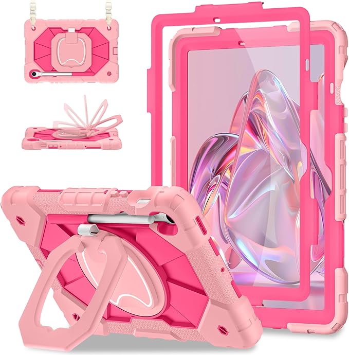 Case for Samsung Galaxy Tab S10 Lite/S10 FE/S9 FE 10.9 Inch, Samsung Tab S9 11 Inch, Rugged Galaxy S10 Tablet Cover with Pen Holder 360 Rotating Stand Shoulder Strap Screen Protector, Rosegold
