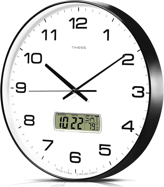 Wall Clock, 14" Large Dial Non-Ticking Silent Battery Operated Analog with LCD Display for Perpetual Calendar and F° Temperature, Ideal Modern Home, Bedroom, Office Decor (Black)