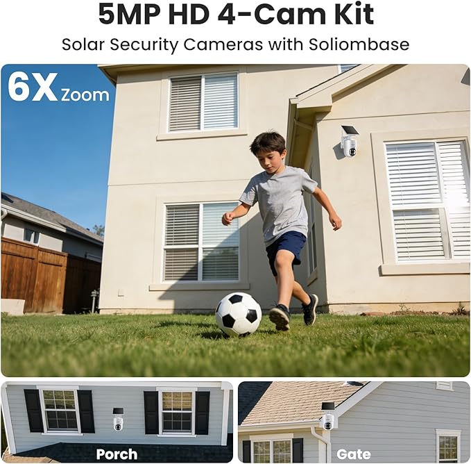 SOLIOM- 5MP Security Cameras Wireless Outdoor, No Subscription,2-Cam Pack, Solar Powered Home Security Camera with 360° Auto Tracking, Pan & Tilt, 3K Color Night Vision,5G & 2.4G Router Compatible