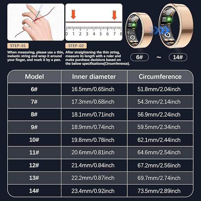 Health Tracker Ring, Smart Health Ring for Women Men with Heart Rate, Blood Oxygen, Sleep Monitor, Steps,Calories, No Subscription Fee, IP68 Waterproof Smart Ring for iPhone Android (Rose Gold, 8#)