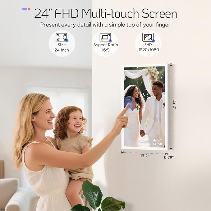 NexFoto 24 Inch Large Digital Picture Frame Touchscreen, WiFi Electronic Photo Frame 64GB, Add Photos from Google Photos, Videos via App/USB, Gifts for Christmas/Mom/Grandparents, White