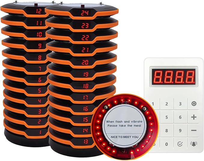 Restaurant Pager System, Buzzers for Restaurants 24 Coaster Pagers with Rubber Protection, Touch Keyboard Transmitter,2 Charging Base, Buzzer System for Food Truck Church Nursery Coffee Shop