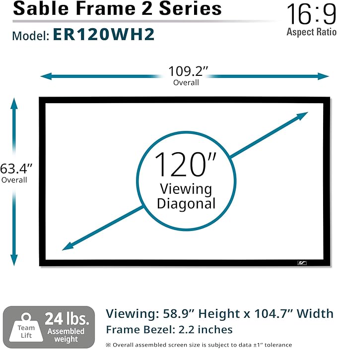 Elite Screens Sable Frame 120” Fixed Frame Projector Screen 16:9, Wall Mounted, 8K/4K UHD, ISF-Certified CineWhite, for Home Theater & Office, Compatible with Standard/Short/UST Projectors, ER120WH2