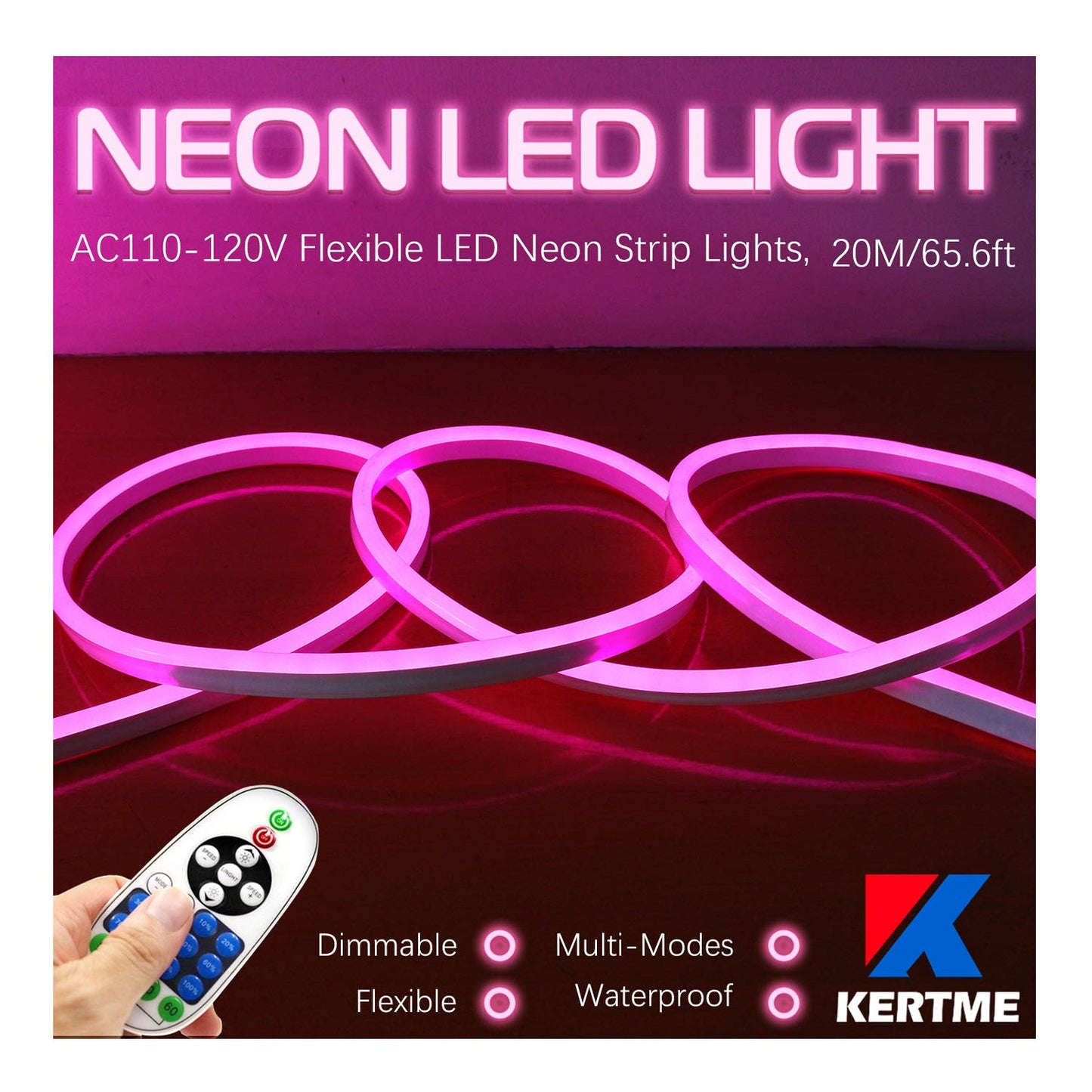 KERTME Neon LED Light Strip, Flexible Waterproof Dimmable, 65.6ft, Pink, Model Neon LED-P-20M