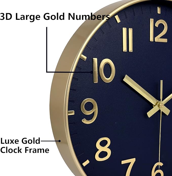 Wall Clocks Battery Operated, 12Inch Non Ticking Digital Wall Clock, Silent Analog Clock for Bedroom Living Room Kitchen Office Hotel Decor, Navy Blue Large Number Clocks for Seniors Elderly