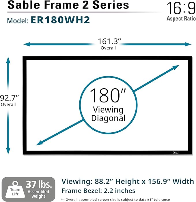 Elite Screens 180 inch Projector Screen 16:9, Wall Mounted Fixed Frame , 8K/4K UHD & Active 3D Ready, ISF-Certified Material for Home Theater, Office & Indoor Presentations, Sable Frame 2, ER180WH2