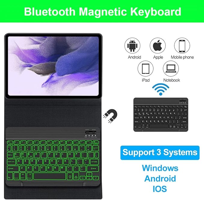 Keyboard Case for Samsung Galaxy Tab S10+ Plus/ S9FE Plus/ S9 Plus/ S9+/ S8+/S8 Plus/ S7 FE/S7 Plus/S7+ 12.4 Inch, Smart Wireless Bluetooth Keyboard Case Cover with Pen Holder(Black)