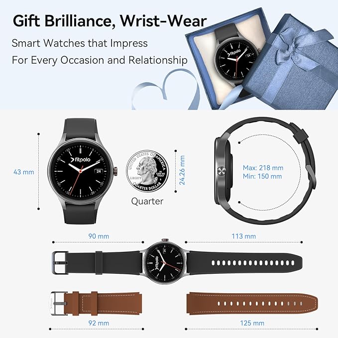 Smart Watches for Men/Women (2 Bands), 1.27“ Round Smartwatch Fitness Tracker with Bluetooth Calls (Make/Answer), Heart Rate/SpO2/Sleep Monitor, 12 Days Battery, IP68 Waterproof