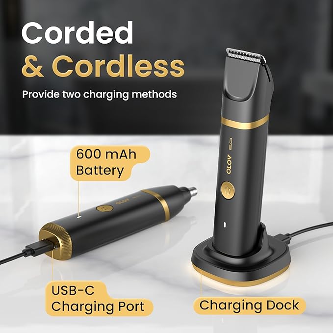 Groin & Body Hair Trimmer for Men - Electric Shaver for Pubic Hair, Chest, Legs - Ball Pubic Groomer, LED Light, Replaceable Ceramic Blade Heads, USB-C Recharge Dock, Waterproof Hygiene Razor