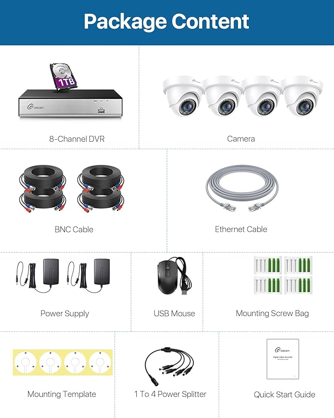 Loocam Home Security Camera System Wired, AI Human/Vehicle Detection, 2MP HD 1920TVL Surveillance DVR Kits Dome Cameras Indoor Outdoor, H.265+ 8CH DVR & 1TB HDD, Smart Playback, Remote Access