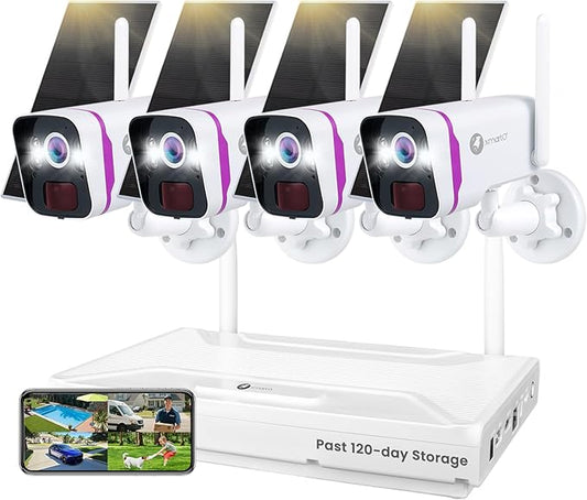xmartO Solar Security Cameras Wireless Outdoor, WiFi6 NVR with 64GB Micro SD Card, 4 PCs 4MP QHD Home Security Camera System with 10CH Expandable NVR, 120 Days Local Storage, All-Weather Solar Charge