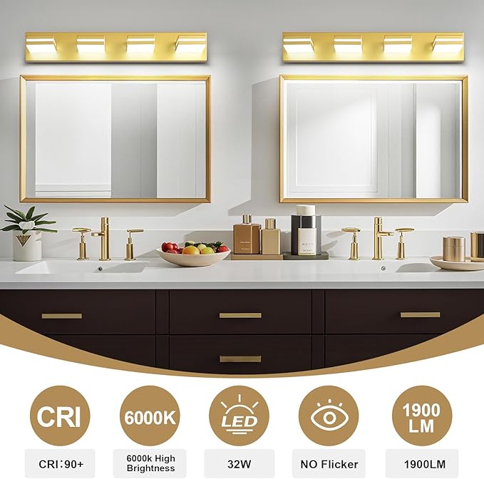 Modern LED Bathroom Lights Fixtures(4-Light),Metal Gold Acrylic Wall Lighting,Vanity Lights for Bathroom Over Mirror(6000k 27in)