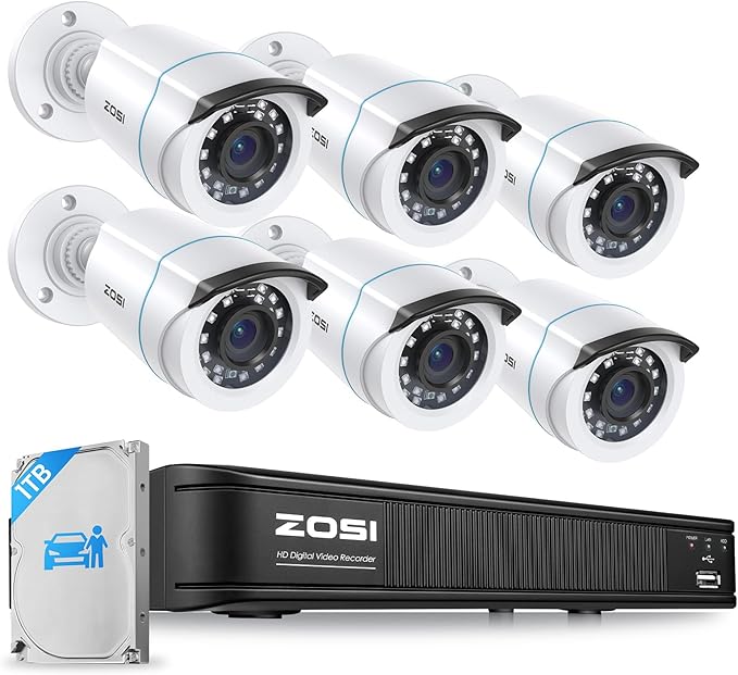 ZOSI 3K Lite Home Security Camera System with AI Human Vehicle Detection, 8CH DVR Recorder and 6 x 1080p Wired CCTV Bullet Cameras Outdoor Indoor, 80ft Night Vision, Remote Access (1TB Hard Drive)