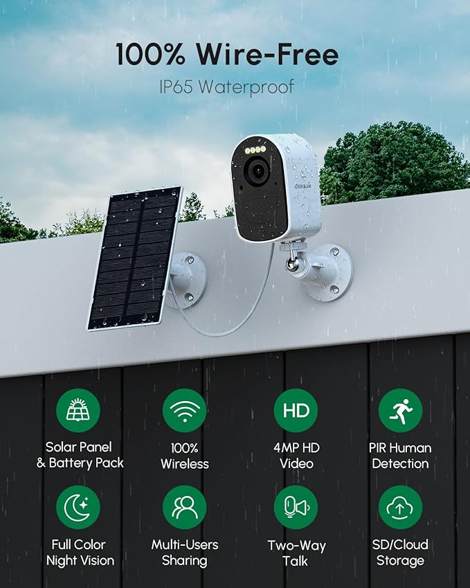 4MP Security Cameras Wireless Outdoor, 4 Cam-Kit, Solar Powered Home Security Camera System, 5G & 2.4G WiFi, 2K Color Night Vision, PIR/AI Detection, Real-time Spotlight Alarm, Two-Way Audio