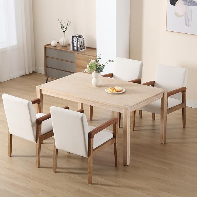 Kmax Modern Dining Chairs Set of 6 Linen Fabric Kitchen Arm Chairs Upholstered Accent Chairs with Wooden Legs for Dining Room, Living Room, Bedroom, White