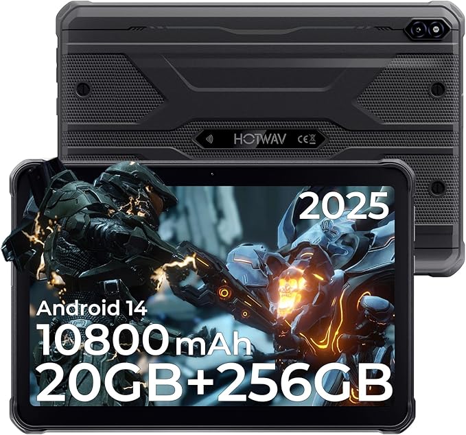 HOTWAV R10 Pro 2025 Rugged Tablet Android 14-10.1 Inch HD+ 10800mAh Waterproof Tablet, 20GB RAM+256GB ROM/1TB TF Outdoor Tablets, 13MP+5MP Camera Octa-Core IP68&IP69K/4G-LTE/5G WiFi/Face ID/GPS/OTG