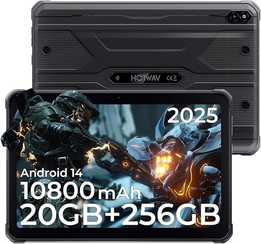 HOTWAV R10 Pro 2025 Rugged Tablet Android 14-10.1 Inch HD+ 10800mAh Waterproof Tablet, 20GB RAM+256GB ROM/1TB TF Outdoor Tablets, 13MP+5MP Camera Octa-Core IP68&IP69K/4G-LTE/5G WiFi/Face ID/GPS/OTG