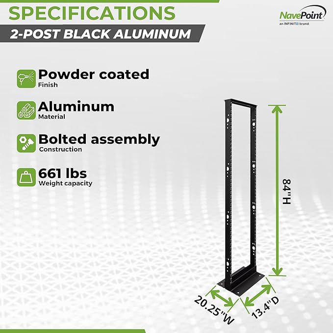 NavePoint 45U 2 Post Open Frame Server Rack for 19 Inch Equipment, AV, Networking, Data & IT Devices, 2-Post Rack 45U 881lbs Weight Capacity, Black