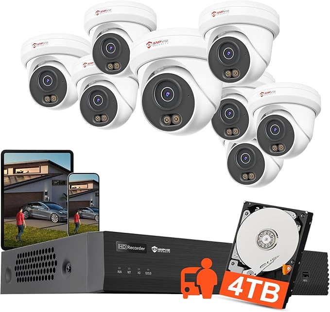 Anpviz 12MP 16CH NVR PoE Security Camera System, 8PCS 3K 6MP Wired IP Turret Cameras Outdoor with AI Human Vehicle Detection, Smart Color Night Vision, Built in Mic, 12MP PoE NVR with 4TB HDD, NDAA