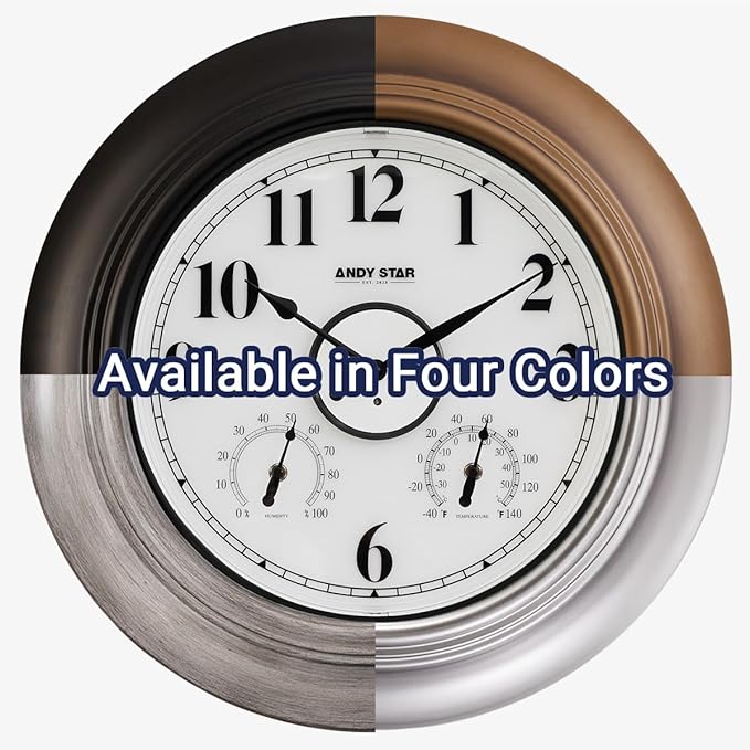 Andy Star 21 Inch Large Illuminated Outdoor Wall Clock Waterproof with Thermometer and Hygrometer, Oversized Battery Wall Clock for Patio Pool, Oil Rubbed Bronze Silent Non Ticking Clock for Garden