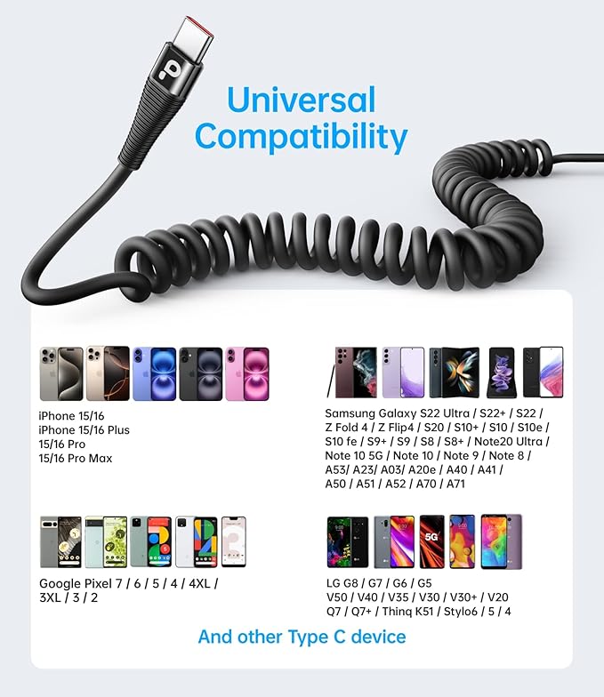 Coiled USB C to C Cable for Car 5FT, USB Type C Charger Cable Short USBC Fast Charging Cable for iPhone 17/16/15/Pro/Plus/Pro Max/Samsung Galaxy S23, Compatible All Type C Devices-Black 2Pack