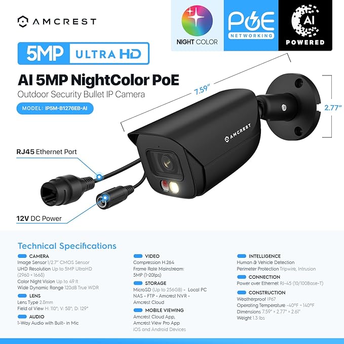 Amcrest 5MP IP PoE AI Camera w/ 49ft Color Night Vision, Security Outdoor Bullet Camera, Built-in Microphone, Human & Vehicle Detection, Active Deterrent, 129° FOV, 5MP@20fps IP5M-B1276EB-AI (Black)