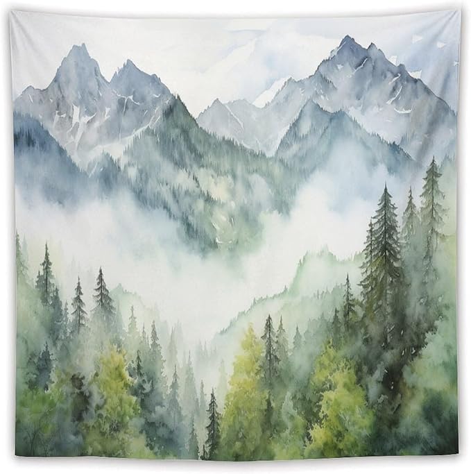HZOHNAGO Mountain Tapestry Misty Green Forest Mountain Pattern Printed Wall Tapestry Wall Hanging for Bedroom Living Room Dorm 60" W x 60" H