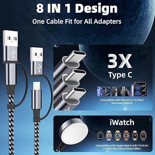 4 in 2 Charging Cable for Apple iWatch Charger with 3 Type-C Ports, Travel Essentials USB C Splitter Multi Charging Cable/Cord for iWatch Ultra/SE/10-1, iPhone17 16 15 14, Android, More -1Pack 5FT