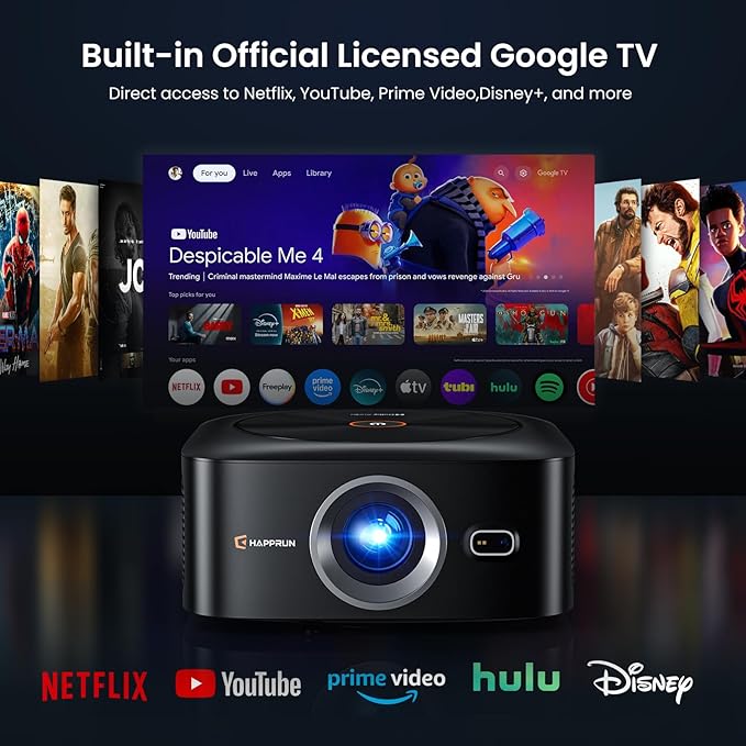 1500 ANSI Official Licensed Google TV Smart Projector, HAPPRUN 4K Full HD Home Theater with Auto Focus, Dolby Sound, Wi-Fi Bluetooth, Built-in Apps, Compatible with Phone & PC, Indoor & Outdoor Use
