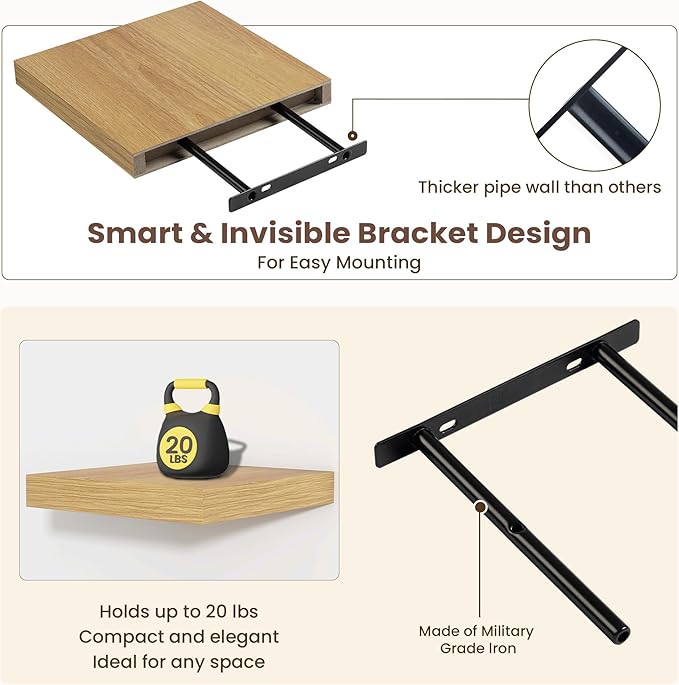 Fun Memories Square Floating Shelves for Wall - 9.3 Inch Deep Floating Shelves with Invisible Brackets, Oak Small Wall Shelf for Living Room, Bathroom, Bedroom, and Kitchen Decor，Set of 4