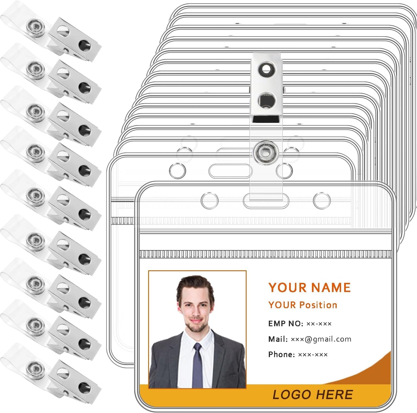 ID Badge Holder and Clips Extra Thick Clear Name Tag Card Holders Plastic Horizontal ID Badge Protector with Waterproof Resealable Zip