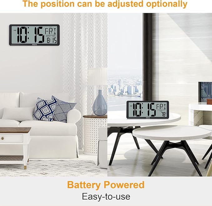 XREXS Large Digital Wall Clock, Battery Operated Alarm Clocks for Bedroom Home Decor, Count Up & Down Timer, 14.17 Inch Large LCD Screen with Time/Calendar/Temperature Display (Batteries Included)