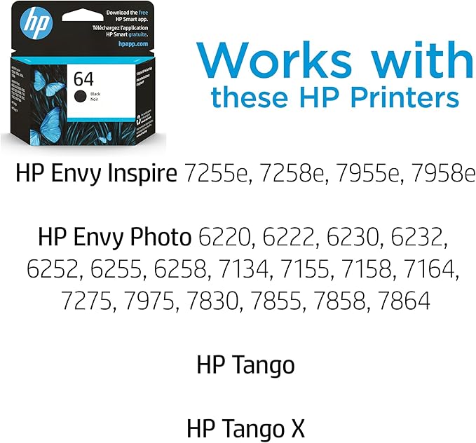 HP 64 Black Ink Cartridge | Works with Envy Inspire 7250e, 7950e; Envy Photo 6200, 7100, 7200, 7800, 7900; Tango Series | Eligible for Instant Ink | N9J90AN