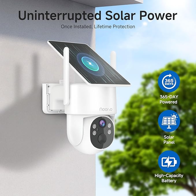 Noorio Solar Security Camera Wireless Outdoor, 2K Cameras for Home Security, 4MP 360° Camera with Dual Band WiFi 2.4/5G, AI Human Detection, Color Night Vision, Fixed Solar Panel, IP65, 2 Way Audio