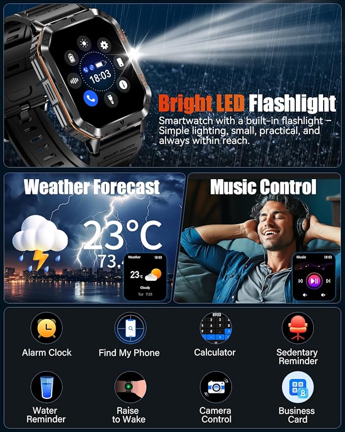 Military Smart Watch for Men, 2.01'' Fitness Tracker with 1200mAh Long Battery Life, Bluetooth Calls, Flashlight, IP68 Waterproof, Heart Rate/Sleep Tracking, 100+ Sports Modes for Android iPhone