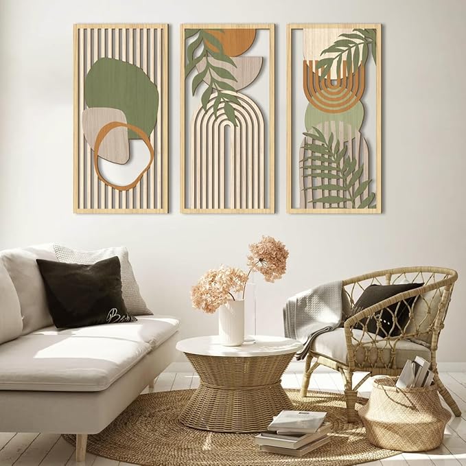 IARTTOP Boho Mid-century Modern Wood Wall Art 16x32 Inch Large Green Abstract Wood Wall Decor Mid Century Bohemian Artwork for Bedroom Living Room Office Kitchen Set of 3