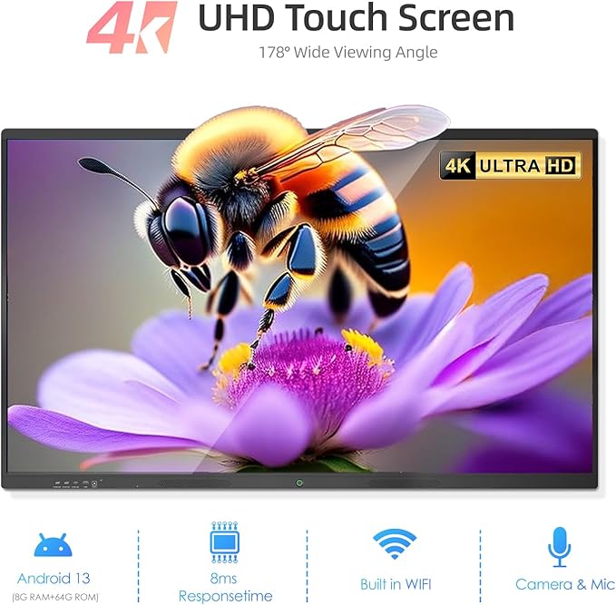 55" Smart Board, Interactive Whiteboard, 4K UHD Touchscreen, Android 13, 8+128G, All in One Smartboard for Classroom Office Home (Wall Mount Included)