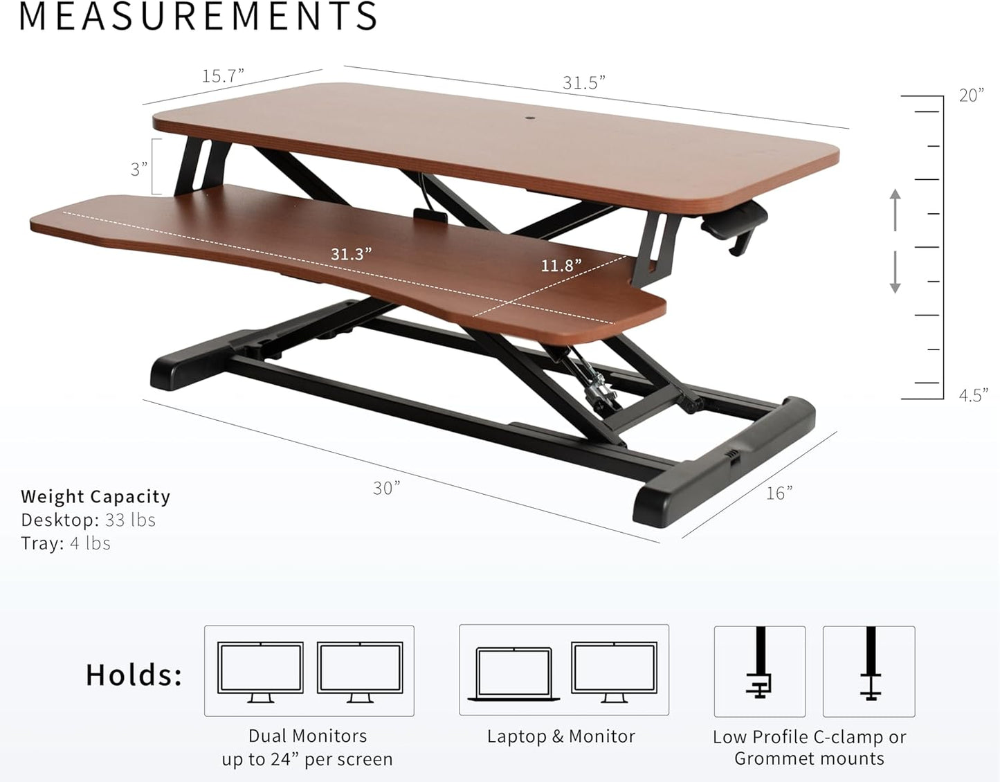 VIVO 32 inch Desk Converter, K Series, Height Adjustable Sit to Stand Riser, Dual Monitor and Laptop Workstation with Wide Keyboard Tray, Dark Walnut Top, Black Frame, DESK-V000KA