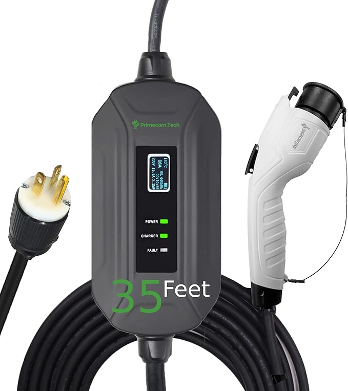 PRIMECOM Level 2 Electric Vehicle (EV) Charger (220V / 240Volt, 16Amp) Portable EVSE Smart Electric Car Charger, 30', 40', and 50 Feet Lengths (NEMA 6-20P, 35 Feet)
